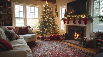 Cozy and inviting Christmas living room scene with a fully decorated holiday tree warm fireplace soft blankets and pillows
