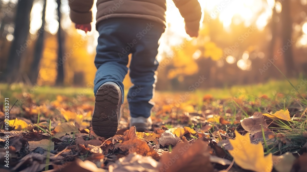 Poster a child walking along a serene nature path surrounded by lush foliage leaves and grass in sharp focu