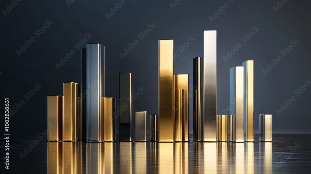 Aufkleber a set of metallic 3d bar graphs in gold and silver colors, standing tall on a reflective surface, re