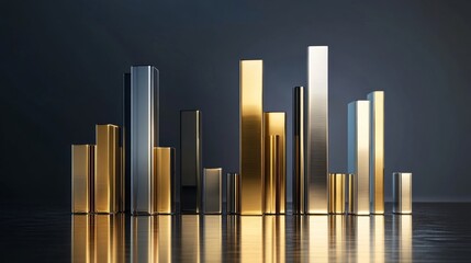 Obraz premium A set of metallic 3D bar graphs in gold and silver colors, standing tall on a reflective surface, representing business performance and wealth growth.