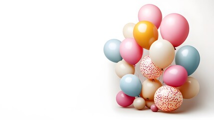 Colorful balloons on a white background, conveying fun and celebration.