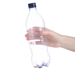 empty used plastic bottle in hand on white background isolation