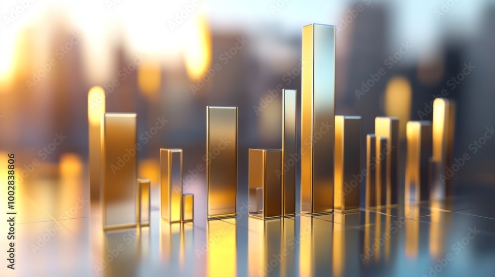 Aufkleber A set of metallic 3D bar graphs in gold and silver colors, standing tall on a reflective surface, representing business performance and wealth growth.