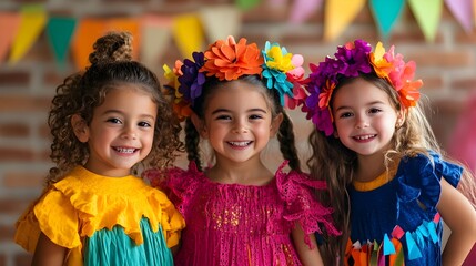 Fototapeta premium Cheerful and Vibrant Portrait of Three Young Girls Dressed in Colorful Playful Costume Designs for a Celebratory Party or Holiday Occasion
