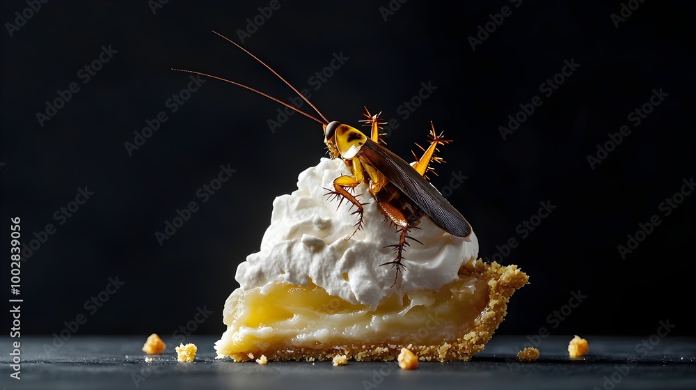 Poster close up of a cockroach resting atop a slice of decadent whipped cream pie creating a striking contr