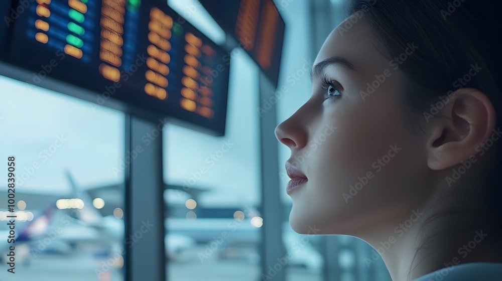 Aufkleber close up of a businesswoman s face illuminated by the light from a departure screen at an airport wi