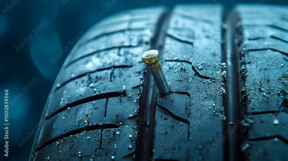 Poster close up image of worn and damaged tire tread with a protruding nail needing prompt repair and maint