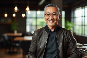 Fototapeta premium Portrait of a smiling asian man in his 60s sporting a stylish leather blazer in front of stylized simple home office background