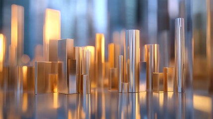 Fototapeta premium A set of metallic 3D bar graphs in gold and silver colors, standing tall on a reflective surface, representing business performance and wealth growth.