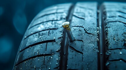 Close up Image of Worn and Damaged Tire Tread with a Protruding Nail Needing Prompt Repair and Maintenance