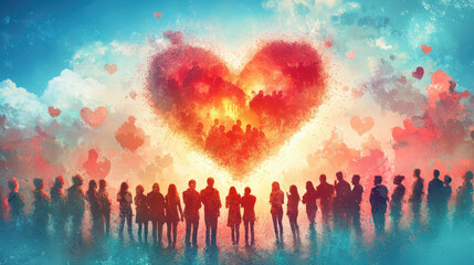 Fototapeta premium vibrant heart shaped formation made of colorful clouds surrounds diverse group of people, symbolizing love and unity. scene evokes sense of warmth and connection