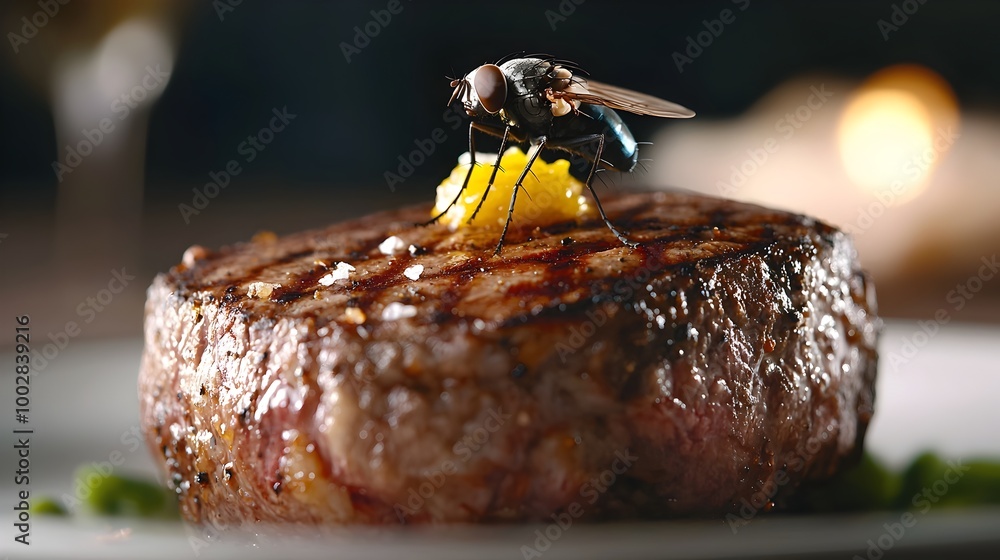 Poster Close up of a juicy savory steak with a fly perched delicately atop the textures of the meat in sharp focus and illuminated by soft natural light to create an appetizing mouthwatering scene