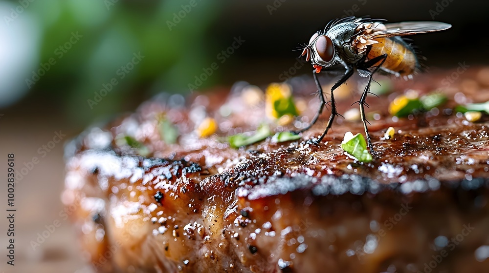 Poster close up of a juicy succulent steak with a fly perched delicately on top the texture of the raw meat