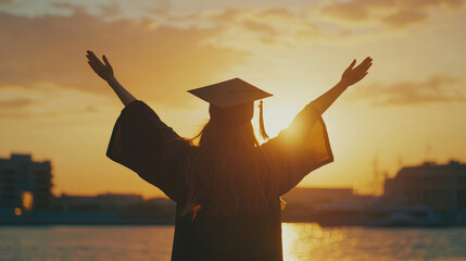 female student celebrates her graduation at sunset, arms raised in joy against beautiful sky. moment captures essence of achievement and new beginnings