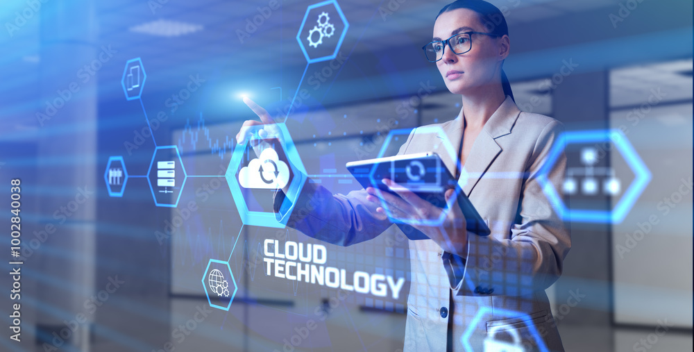 Poster cloud technology, computing and data storage concept. businesswoman pressing button on virtual scree