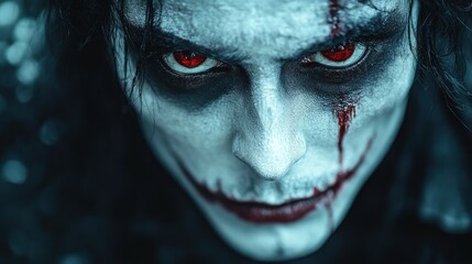 A close-up of a character with pale skin and red eyes, evoking horror.
