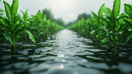 Fototapeta premium Flash flood rushing through farmland, crops under water, 3D illustration