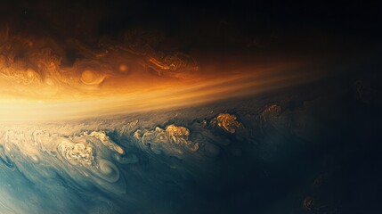 Fototapeta premium A view of Jupiter dynamic atmosphere, with its vibrant cloud bands and large storm systems moving across the planet