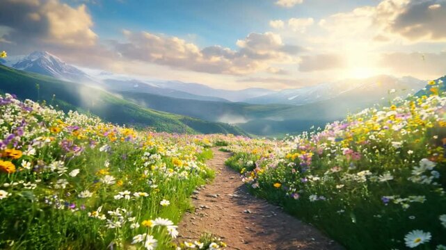 Vibrant meadow filled with wildflowers and scenic mountain backdrop at sunrise, showcasing nature beauty and tranquility