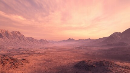 A view of Mars barren desert plains with rocky hills and valleys stretching out under a soft, pinkish Martian sky