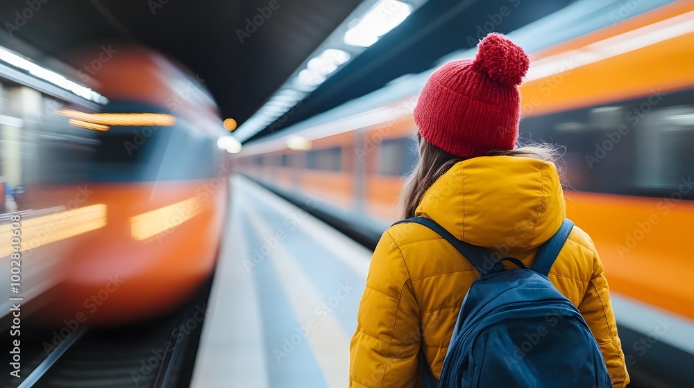 Poster close up of a woman standing calmly on a train platform with a blurred train speeding past her in th