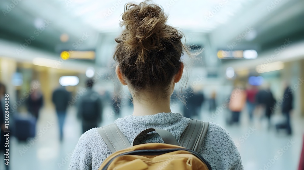 Poster Close up of a woman waiting patiently in a modern clean airport terminal as passengers move through the blurred background with ample space for text overlay