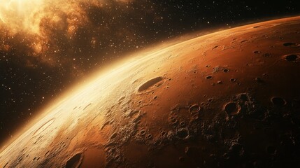 A view of Mars from space, with its reddish surface covered in craters, valleys, and large dust storms swirling across the planet