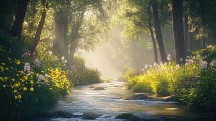 Obraz premium The river meanders quietly through a vibrant forest, surrounded by colorful flowers and dappled sunlight filtering through the leafy canopy above