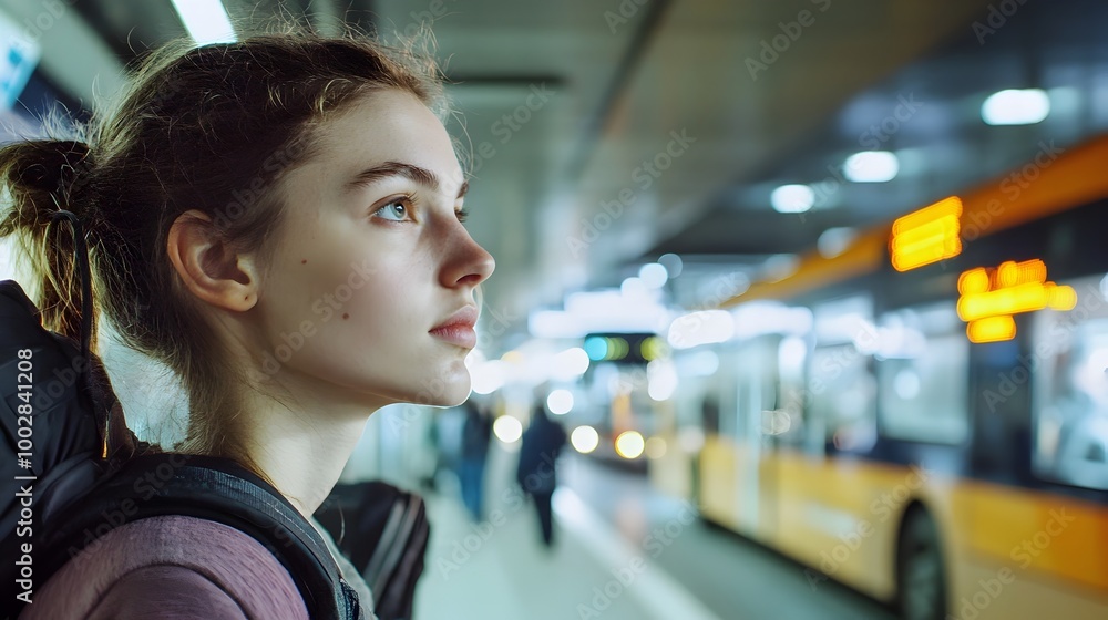 Poster Close up portrait of a woman in a bustling modern bus terminal her face slightly turned toward the arriving buses and passengers in the background with ample space for text or copy