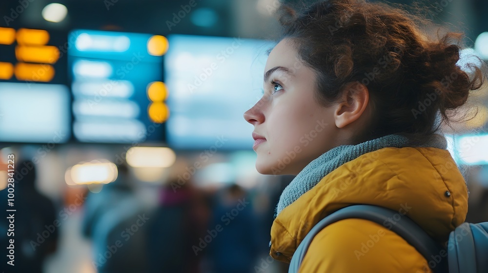 Poster Close up portrait of a woman intently looking at the arrivals board in a busy modern bus terminal with blurred buses and people in the background providing ample space for text overlay