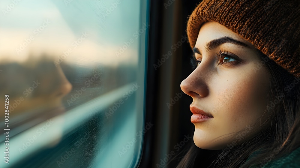 Poster Close up portrait of a woman lost in thought gazing out of a train window at the blurred scenery rushing by outside  The image has a modern clean and minimalist aesthetic