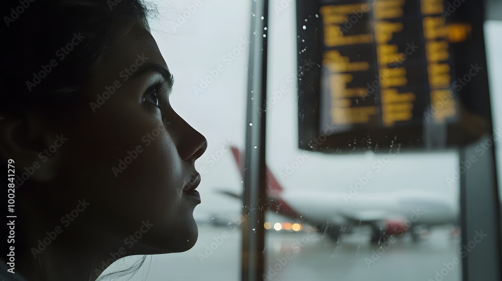 Poster Close up portrait of a woman s pensive face illuminated by the bright lights of a departure screen at a modern airport terminal with large windows showcasing planes in the background
