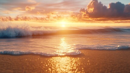 Golden sands at sunset, the sky ablaze with vibrant colors