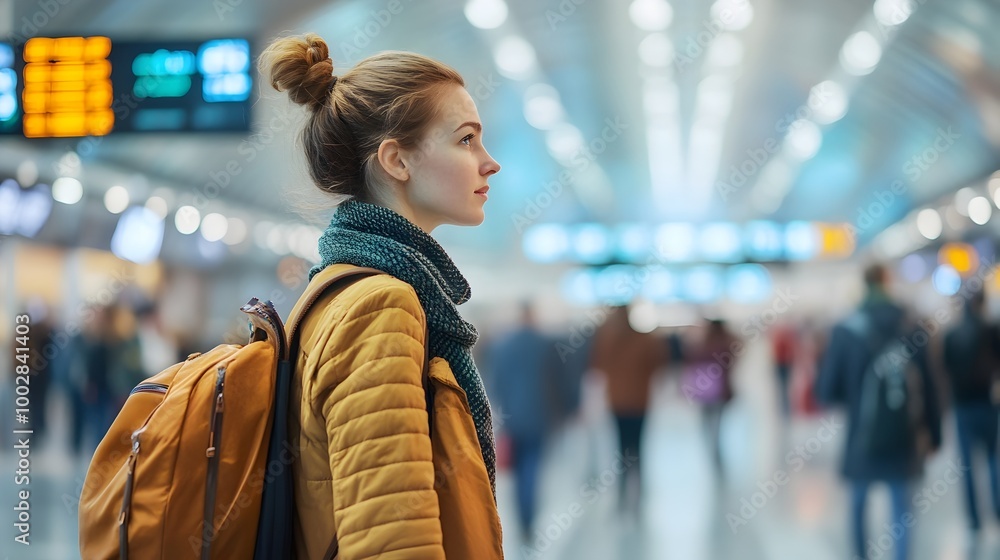 Poster Close up portrait of a woman waiting patiently in a modern airport terminal her head turned slightly as passengers move through the blurred background  Ample space for text overlay creating a clean