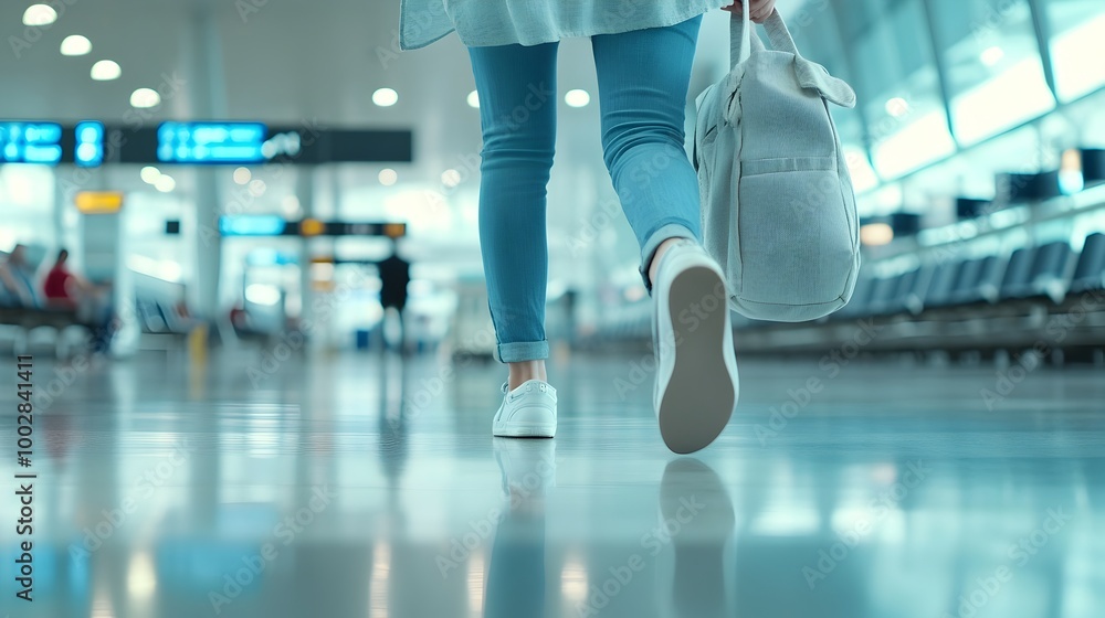 Poster close up portrait of a woman walking down a clean minimalist airport terminal with visible travel si