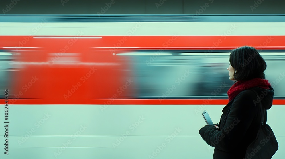 Poster Close up profile of a thoughtful woman standing on a train platform with the blurred motion of an arriving train in the background creating an ample clean and modern scene for text overlay