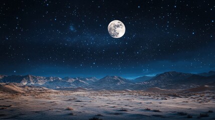 A view of the Moon above a desert landscape, casting a silver glow over the sandy terrain under a starry night sky