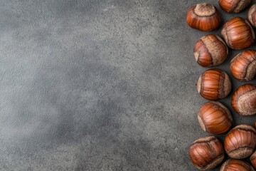 Obraz premium Hazelnuts scattered on a grey surface, natural textures and tones.