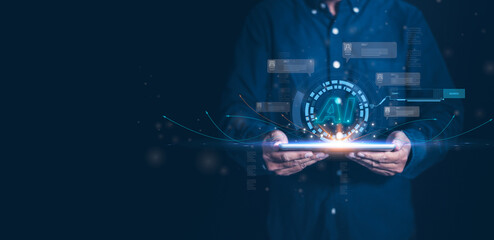 A person holding a tablet with digital analytics and search data visualizations, showcasing modern technology and innovation.