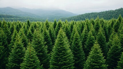 Lush green coniferous forest with misty mountains in the background.
