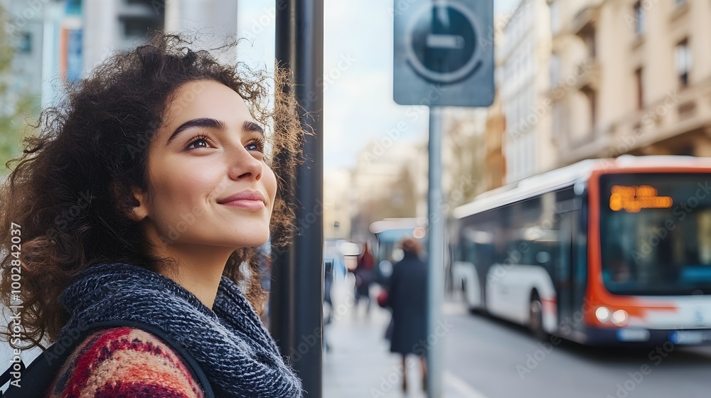 Poster Close up side profile portrait of a woman standing near a bus stop sign with blurred buses and passengers moving in the background providing ample clean and modern space for text or design