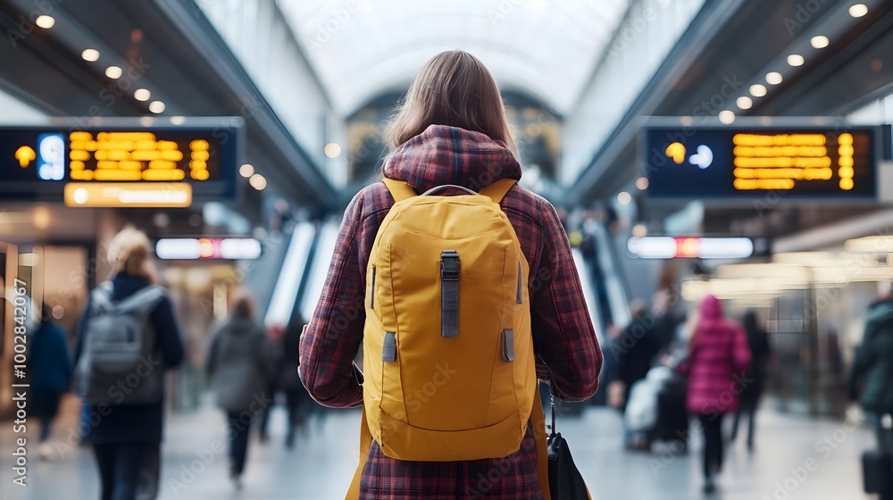Poster close up view from behind of a woman walking through the entrance of a modern clean train station wi