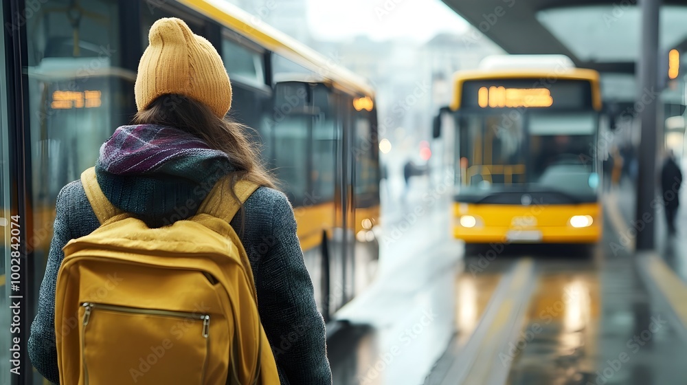 Poster Close up view from behind of a woman stepping onto a bus at a modern and clean public transportation station platform with other buses visible in the background providing ample copy space