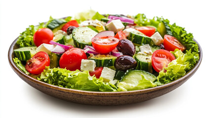 Fresh garden salad with tomatoes, cucumbers, and olives served in a bowl on a white background