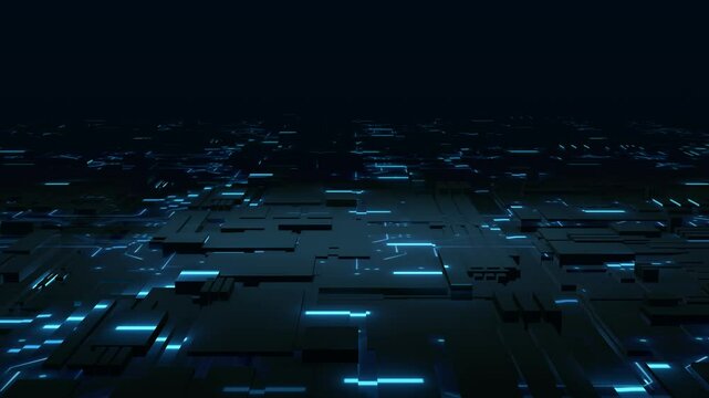 Futuristic circuit board texture, digital technology illustration, abstract animation of high-tech background, spaceship surface texture or cyberpunk city, science fiction game background. 
