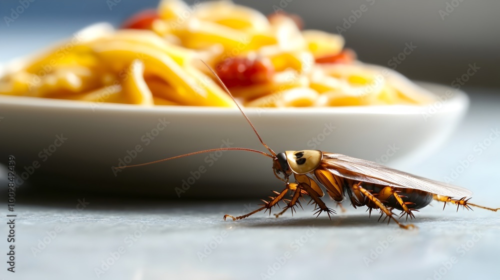 Poster close up view of a creepy cockroach crawling near a bowl of glossy saucy pasta with soft bouncing li
