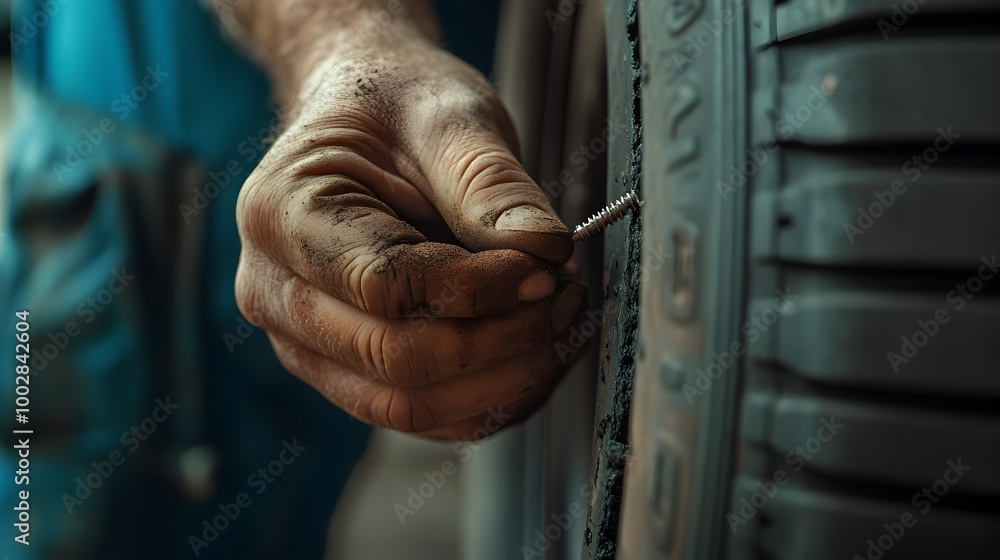 Poster close up view of a mechanic s hand holding a nail that was extracted from a damaged car tire with th
