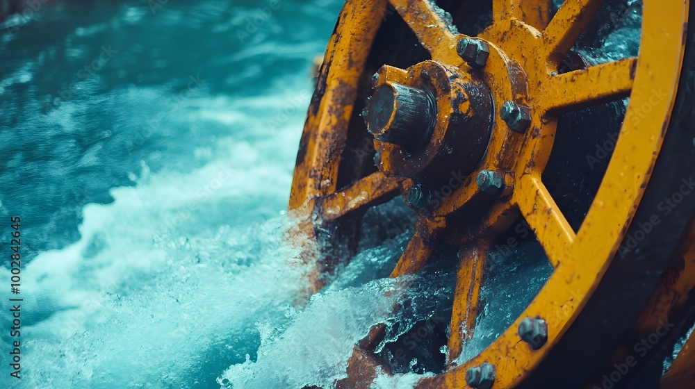 Poster close up view of a large water wheel rapidly turning and generating renewable energy from the powerf