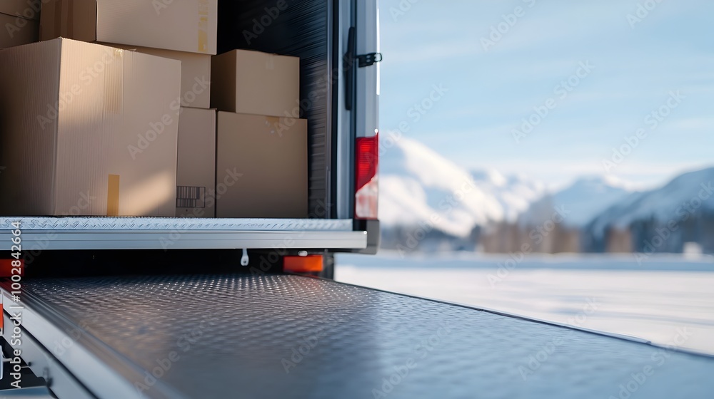 Poster close up view of a moving truck ramp leading up to the back of the truck with various boxes and furn