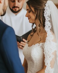 A bride and groom during a wedding ceremony with an officiant.